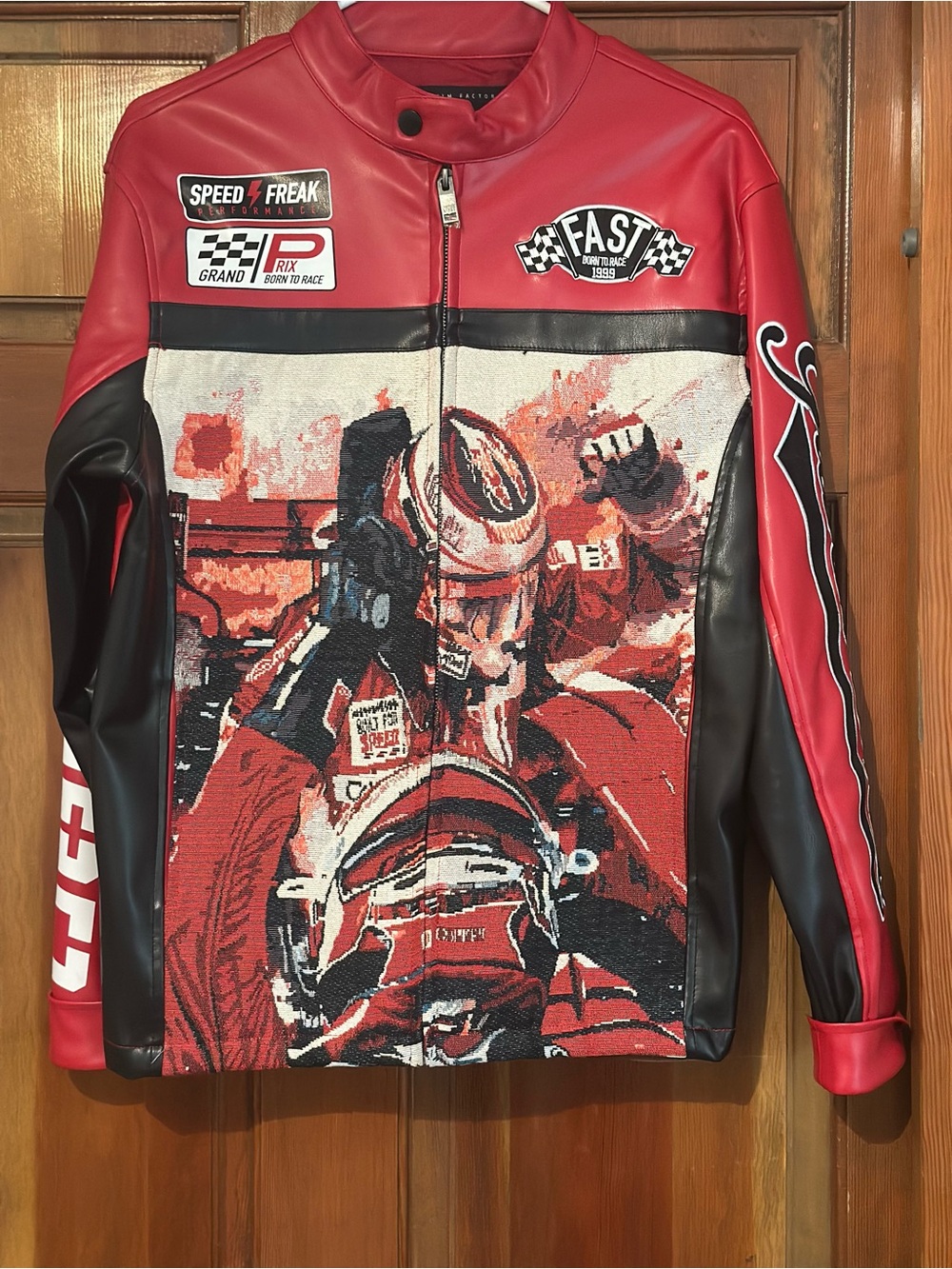 Red & Black Racing Bomber Jacket with Embroidered Front